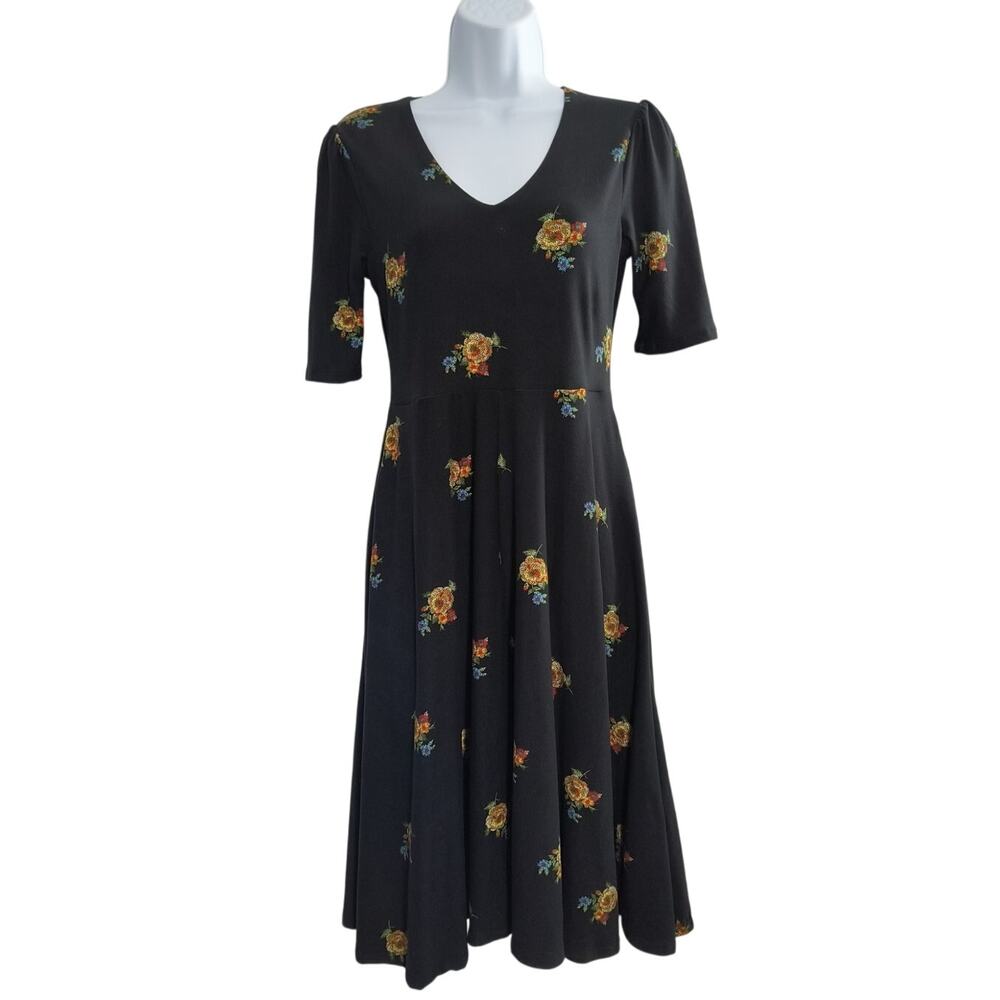Lalo & Company Midi Dress Wmn's Size S Black Floral Soft Knit popover W/Pockets